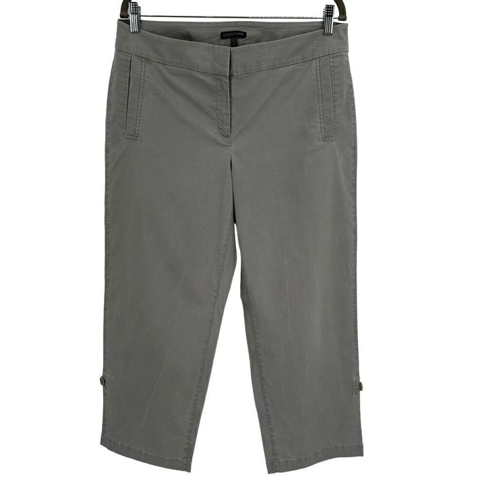 Eileen Fisher Organic Cotton Roll Tab Khaki Capri Pants Medium